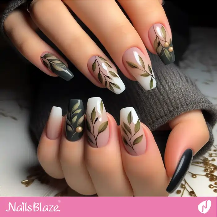 Olive Leaves French Nail Design | Nature-inspired Nails - NB1597